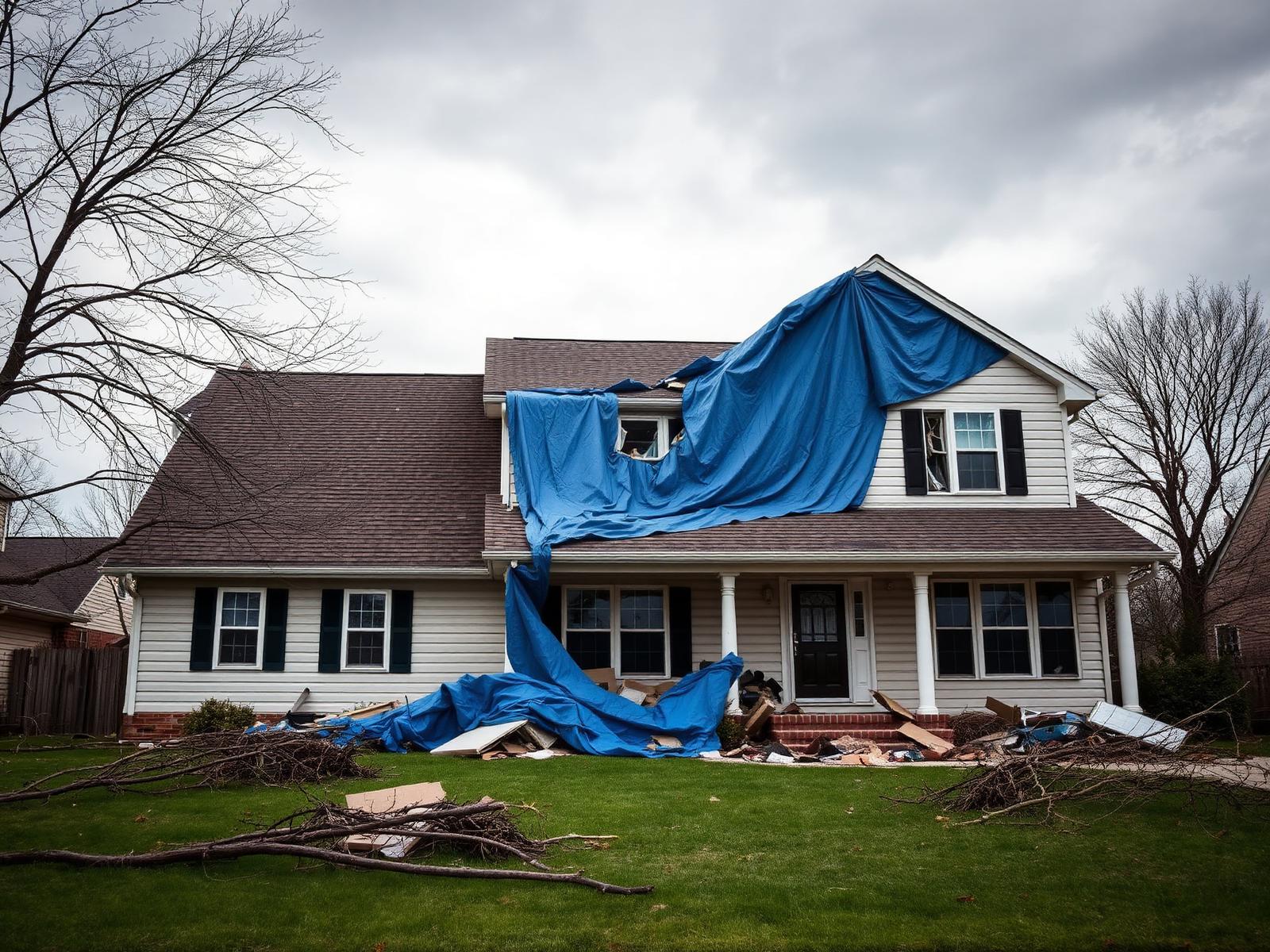 Suburban home with storm damage covered by a blue tarp